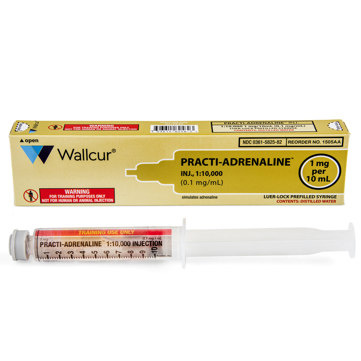 Practi-Adrenaline 1:10,000 (1 mg/10 mL Code Med Syringe). Distilled Water (for training)