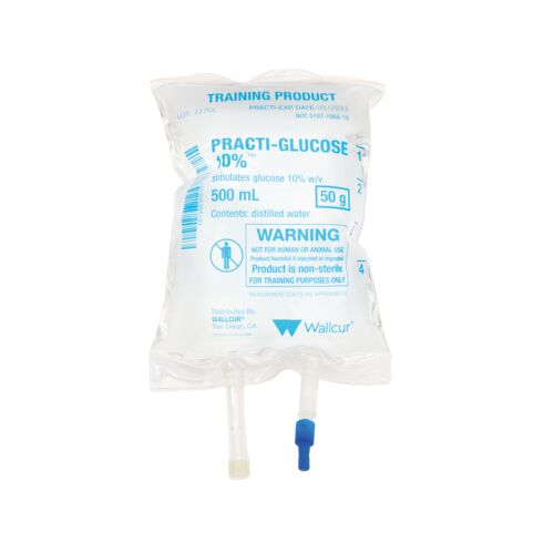 Practi-Glucose 10% (50 g/500 mL IV Bag). Distilled Water (for training)