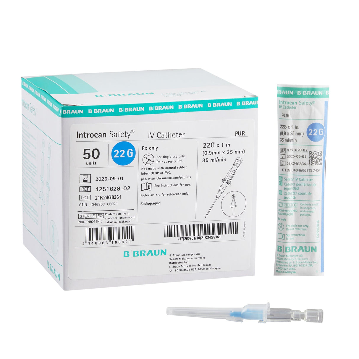 Introcan Safety® IV Catheter 22 Ga. x 1 in., PUR, Straight