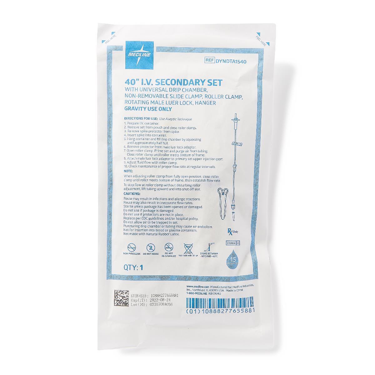 Medline Secondary IV Administration Set with Hanger, 15 Drops/mL, 40"