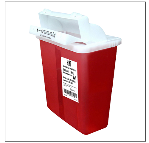 Red 5 Quart Sharps Disposal Container with White Horizontal Entry Lid