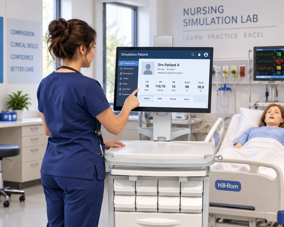 A nurse in blue scrubs uses a touchscreen on a mobile medical simulation cart in a bright nursing simulation lab. A patient is visible in a hospital bed in the background, with medical monitors and signage on the wall.