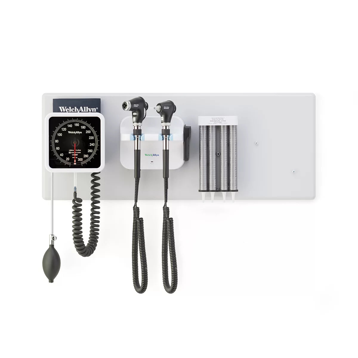 Green Series 777 Integrated Wall System with Coaxial LED Ophthalmoscope, MacroView Basic LED Otoscope, BP Aneroid, and Ear Specula Dispenser